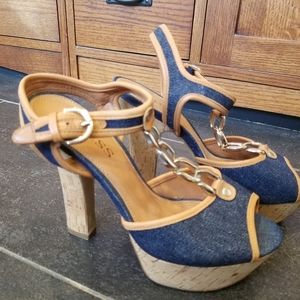 Guess denim and cork platform peeptoe